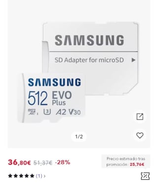 512GB Samsung EVO Plus MicroSDXC por 27,60€.