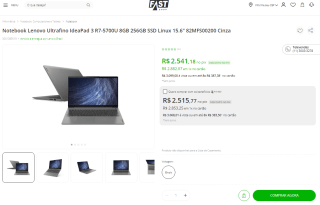 Notebook da Lenovo, modelo Ultrafino IdeaPad com 3 Ryzen - R$ 2.541,10