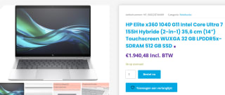 HP Elite x360 1040 G11 Intel Core Ultra 7 155H Hybride (2-in-1) 35,6 cm (14") voor €1.940,48 bij Techfabrique