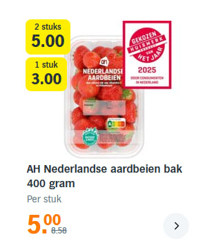 2 stuks Nederlandse aardbeien bak 400 gram voor €5 bij de AH