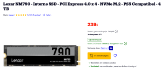 Lexar NM790 - Interne SSD - PCI Express 4.0 x 4 - NVMe M.2 - PS5 Compatibel - 4 TB voor €199,99 bij Bol