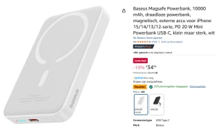 Baseus Megattach 10.000 mAh Powerbank Wit voor €22,47 bij Amazon
