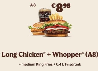 Burger King kortingscode voor 1 Long Chicken + Whopper + Medium Frietjes + 0.4L Frisdrank voor €8,95
