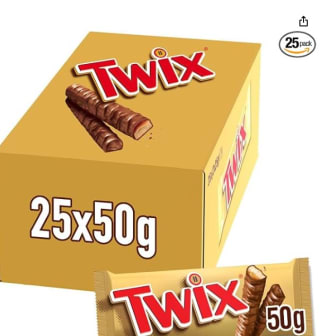 caja (25x50g) Twix Chocolatina con Galleta crujiente y suave caramelo recubiertos de chocolate con leche por 16,99€