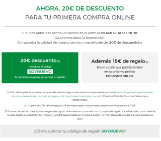 20€ descuento primer pedido + 15€ segundo pedido en Hipercor