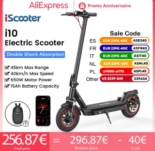 IScooter-patinete eléctrico i10, 650W, 15Ah, potente, 45km de alcance, 40 km/h de velocidad por 256,17€