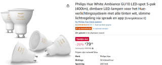 Philips Hue White Ambiance GU10 LED-spot 5-pak (400lm voor €79,99 bij Amazon