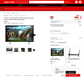 TV LED 75" Samsung TU75DU7175UXXC (H.265) por solo 699€