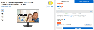 Écran PC 24" Asus VA24EHF - IPS, 1920 x 1080 (FHD), 1 ms, 100Hz à 79,99€
