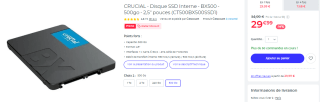 Disque SSD Crucial BX500 Sata III de 500 Go à 29,99€