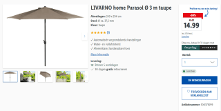 LIVARNO home Parasol Ø 3 m taupe voor €14,99 bij Lidl