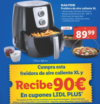 Salter Freidora de aire 5,2 L 1300 W vale 89,90€ pero te dan 90€ en vales de compra por su compra