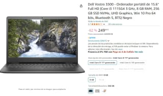Portátil Dell Vostro 3500 de 15.6" Full HD con Core i3 1115G4 3 GHz, 8 GB RAM, 256 GB SSD NVMe por 249€
