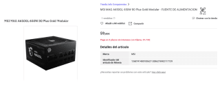 Fuente Alimentación MSI MAG A650GL 650W 80 Plus Gold Modular por 47€