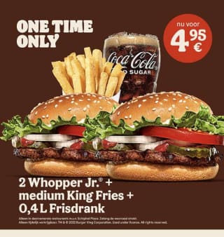 2x Whopper junior + 1x medium fries en 1x 0.4L voor €4,95 dmv QR code bij Burger King