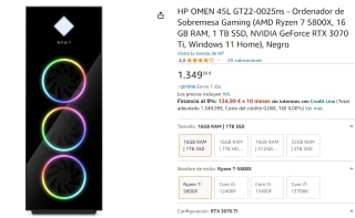 Torre Gaming HP OMEN 45L GT22-0025ns con AMD Ryzen 7 5800X, 16 GB RAM, 1 TB SSD, NVIDIA GeForce RTX 3070 Ti por 1349€