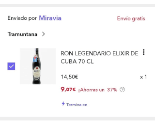 Ron legendario Elixir de Cuba 7 años por 9,07€.