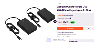 2 stuks Belkin USB-C Oplader 100W met GaN Technologie voor €19,95 bij Ibood
