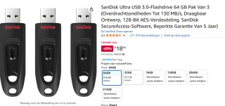 SanDisk Ultra [3-Pack] 64 GB, USB A, USB 3.0 voor €18,99 bij Amazon