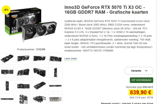 INNO3D GeForce RTX 5070 Ti X3 OC - 16 GB GDDR7, HDMI, 3x DP voor €839,90 bij Proshop