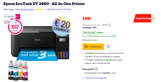 Epson EcoTank ET-2860 all-in-one A4 inkjetprinter met wifi (3 in 1) voor €129 na cashback via Bol