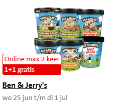 Ben & jerry’s 1+1 gratis bij de Jumbo