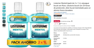 Listerine Mentol (pack de 2 x 1 L), enjuague bucal con flúor por 8,99€
