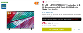 Televisor LED - LG 75UR78006LK, 75 pulgadas, UHD 4K, Procesador α5 4K Gen6, HDR10 / Dolby Digital Plus por 695€