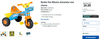 Barbie / Hot Wheels driewieler met claxon voor €24,99 bij Lidl