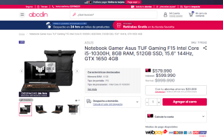 Notebook Gamer Asus TUF Gaming F15 Intel Core i5-10300H, 8GB RAM, 512GB SSD 15.6" por $579.990
