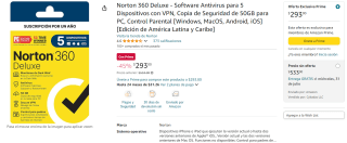 Norton Antivirus 360 5 Dispositivos con VPN y más por $293 en Amazon con Prime