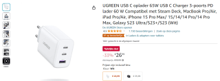 UGREEN USB-C oplader 65W voor €26,99