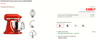 KitchenAid Artisan Keukenrobot Keizerrood voor €330,55 bij de Mediamarkt in Belgie