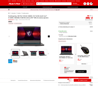 MSI Thin 15 B12UC-1680XES 15.6" Full HD Intel Core i5-12450H, 16GB RAM 512GB SSD GeForce RTX 3050 Sin sistema operativo por solo 509,15€