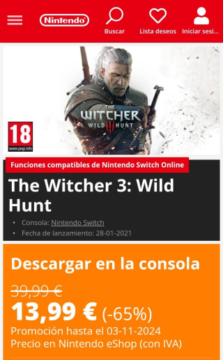 The Witcher 3: Wild Hunt Nintendo Switch por 13,99€.