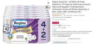42 Rollos de Papel Higiénico Regina Sensación, 175 Hojas de Triple Capa, Extracto Natural de Algodón Y Delicadamente Perfumado por 15.09€
