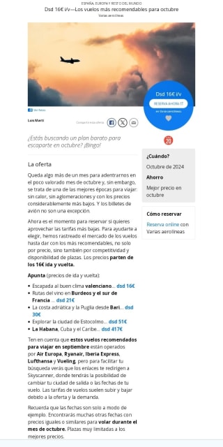 Vuelos recomendables en octubre desde 16€ ida/vuelta.