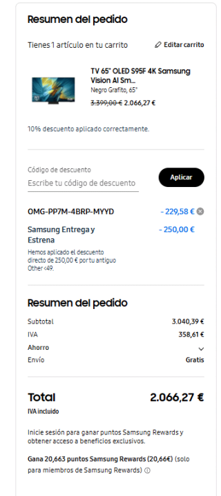 Nueva TV OLED 65" Samsung TQ65S95FATXXC, OLED 4K + 400€ reembolso por 2.066,27€