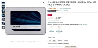 Crucial MX500 SSD SATA 2TB por $1,923 en Amazon