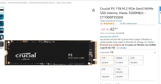 SSD interno Crucial P3 1TB M.2 PCIe Gen3 NVMe por 42.98€