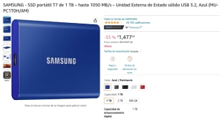 SSD Samsung Portátil T7 1TB a $1,477 en Amazon