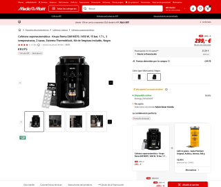 Cafetera superautomática Krups Roma EA81K870 1450W 15 bar 1.7 L 3 temperaturas 2 tazas Sistema Thermoblock Kit de limpieza incluido por solo 254€