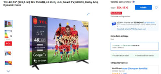TV LED 55" TCL 55P61B, 4K UHD, HLG, Smart TV, HDR10, Dolby AC4 por 254,15€