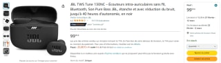 Écouteurs sans fil JBL Tune 130NC TWS Noir à 99,99€