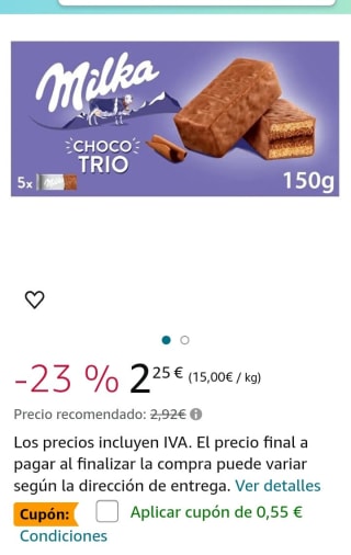 Bizcochos rellenos de cacao y cubiertos de chocolate Choco Trio Milka 150 g. por 1,70€.