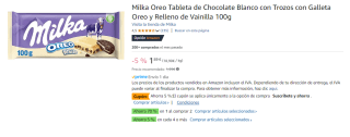 4 Tabletas de Milka Oreo de Chocolate Blanco con Trozos con Galleta Oreo y Relleno de Vainilla 100g por 4.06€
