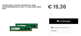 Transcend JetRam JM2666HLG-16GK 16 GB 2 x 8 GB DDR4 2666 MHz voor €19,36 bij Caps