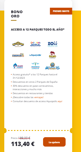 Bono parque oro por solo 113,40€ rebaja de 76€