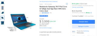 Laptop Gateway 14.1' FHD i3 128GB SSD 4GB por $3,999 en Mercado Libre