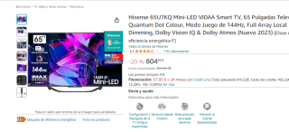 Hisense 65U7KQ Mini-LED VIDAA Smart TV 65" por 804€